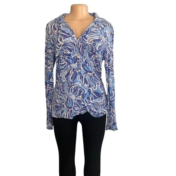 Lilly Pulitzer PJ Button Front Knit Ruffle Top Blue - Picture 3 of 10